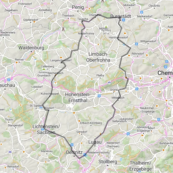 Map miniature of "Burgstädt - Reichenbach Circular Road Route" cycling inspiration in Chemnitz, Germany. Generated by Tarmacs.app cycling route planner