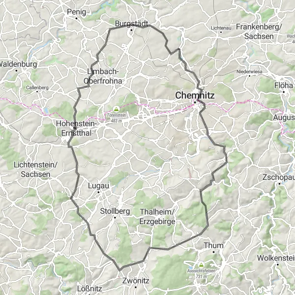 Karten-Miniaturansicht der Radinspiration "Burgstädt - Chemnitz Rundfahrt" in Chemnitz, Germany. Erstellt vom Tarmacs.app-Routenplaner für Radtouren