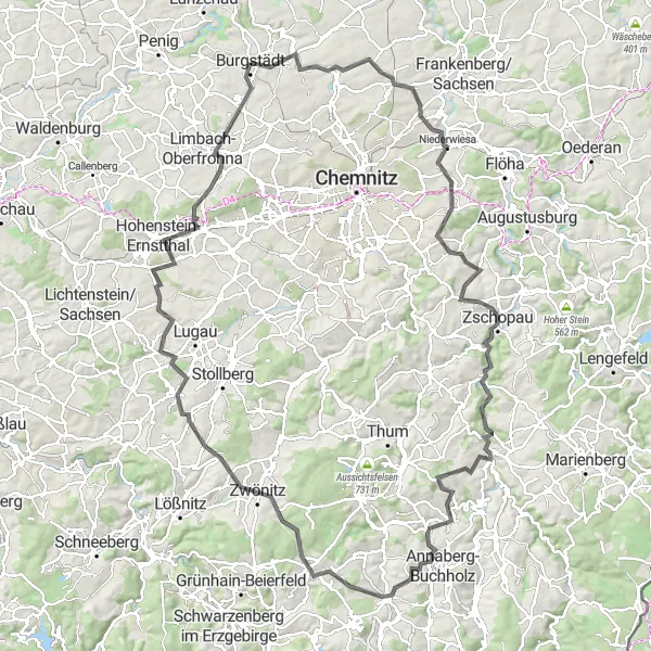 Map miniature of "Burgstädt - Hohenstein-Ernstthal Grand Tour" cycling inspiration in Chemnitz, Germany. Generated by Tarmacs.app cycling route planner