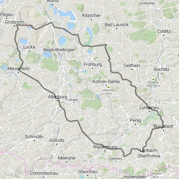 Map miniature of "Burgstädt Cycling Adventure" cycling inspiration in Chemnitz, Germany. Generated by Tarmacs.app cycling route planner