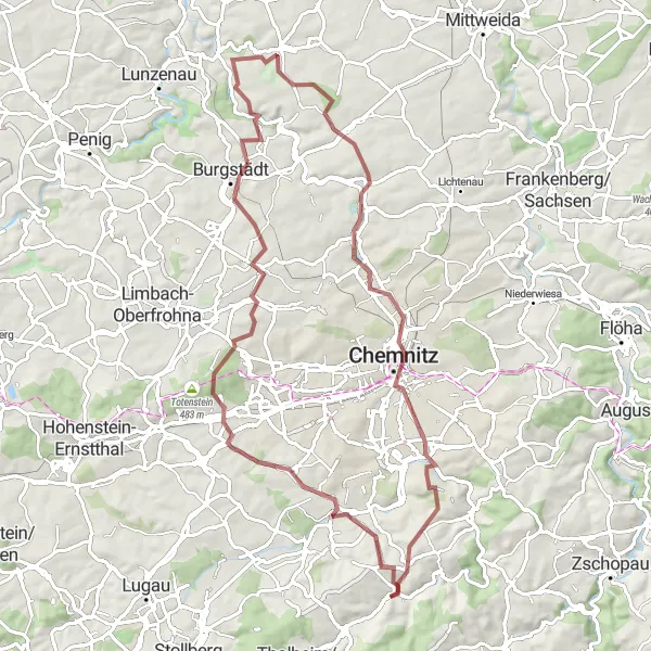 Map miniature of "Exploring Erzgebirge" cycling inspiration in Chemnitz, Germany. Generated by Tarmacs.app cycling route planner