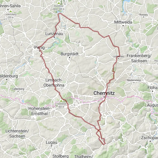 Map miniature of "Scenic Countryside Loop" cycling inspiration in Chemnitz, Germany. Generated by Tarmacs.app cycling route planner