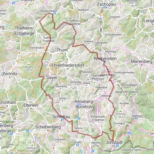 Map miniature of "Erzgebirge Mountain Adventure" cycling inspiration in Chemnitz, Germany. Generated by Tarmacs.app cycling route planner
