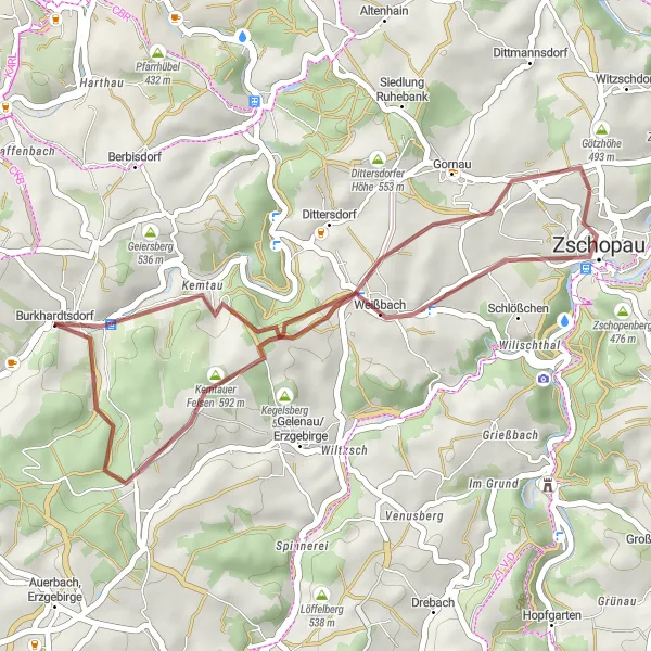 Map miniature of "Kemtauer Felsen and Schloss Wildeck Gravel Circuit" cycling inspiration in Chemnitz, Germany. Generated by Tarmacs.app cycling route planner