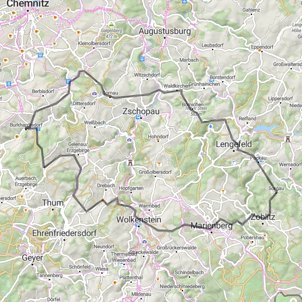 Map miniature of "Erzgebirge Challenge Loop" cycling inspiration in Chemnitz, Germany. Generated by Tarmacs.app cycling route planner