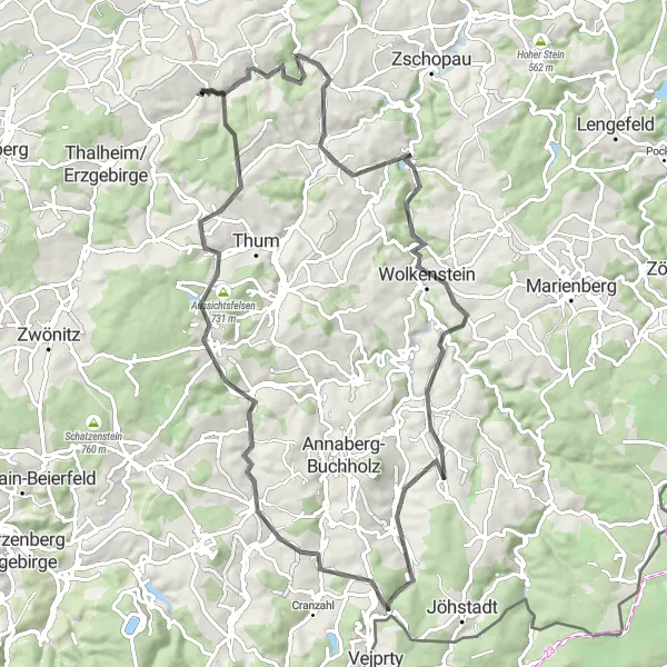 Karten-Miniaturansicht der Radinspiration "Erzgebirgstour mit Ausblicken" in Chemnitz, Germany. Erstellt vom Tarmacs.app-Routenplaner für Radtouren