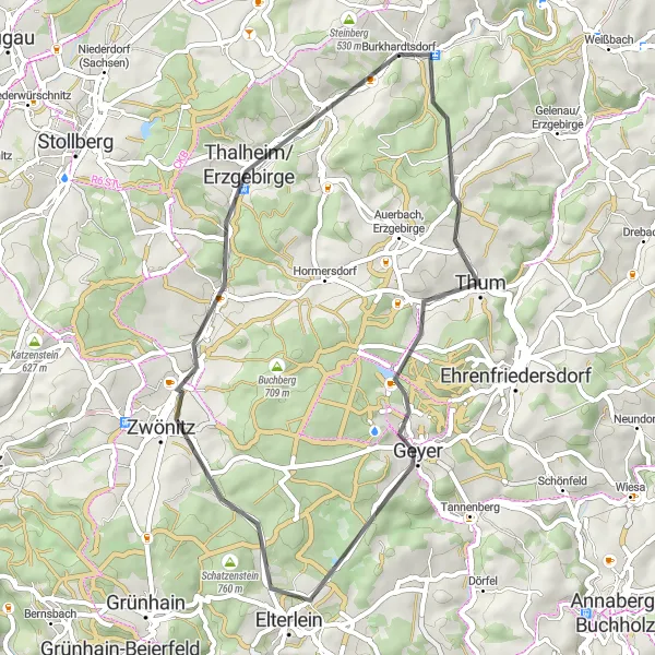 Map miniature of "Thum Circuit" cycling inspiration in Chemnitz, Germany. Generated by Tarmacs.app cycling route planner