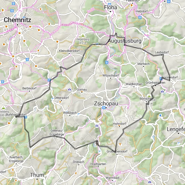 Map miniature of "Einsiedel Adventure" cycling inspiration in Chemnitz, Germany. Generated by Tarmacs.app cycling route planner