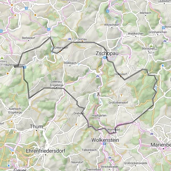 Map miniature of "Hohndorf Loop" cycling inspiration in Chemnitz, Germany. Generated by Tarmacs.app cycling route planner
