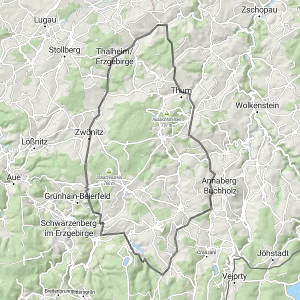 Karten-Miniaturansicht der Radinspiration "Straßenrunde um Burkhardtsdorf" in Chemnitz, Germany. Erstellt vom Tarmacs.app-Routenplaner für Radtouren