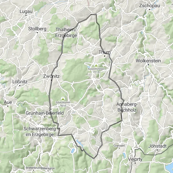 Map miniature of "Crottendorf and Hundsmarter Road Circuit" cycling inspiration in Chemnitz, Germany. Generated by Tarmacs.app cycling route planner