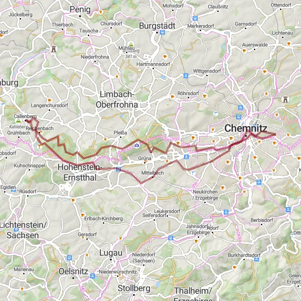 Karten-Miniaturansicht der Radinspiration "Gravelroute von Callenberg nach Reichenbach" in Chemnitz, Germany. Erstellt vom Tarmacs.app-Routenplaner für Radtouren