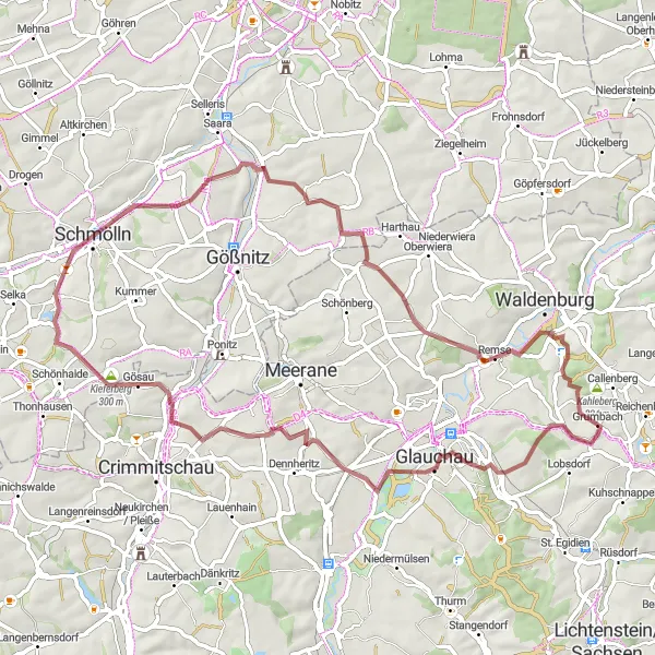 Map miniature of "Callenberg Gravel Adventure" cycling inspiration in Chemnitz, Germany. Generated by Tarmacs.app cycling route planner