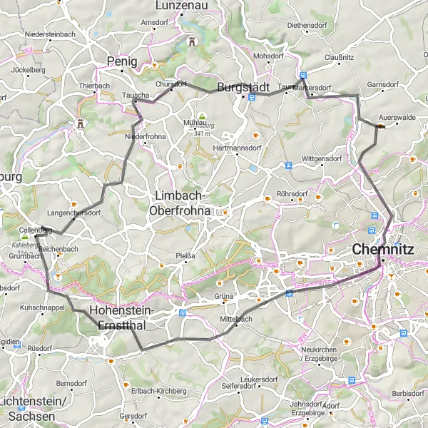 Map miniature of "Kahleberg Loop" cycling inspiration in Chemnitz, Germany. Generated by Tarmacs.app cycling route planner