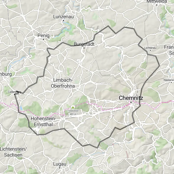 Karten-Miniaturansicht der Radinspiration "Rundweg von Callenberg nach Langenchursdorf" in Chemnitz, Germany. Erstellt vom Tarmacs.app-Routenplaner für Radtouren