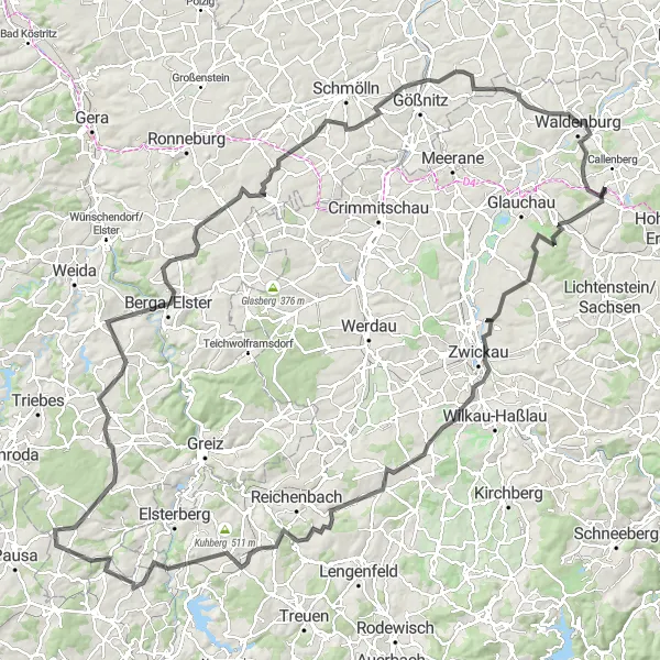 Karten-Miniaturansicht der Radinspiration "Rundtour von Callenberg nach Berga/Elster" in Chemnitz, Germany. Erstellt vom Tarmacs.app-Routenplaner für Radtouren