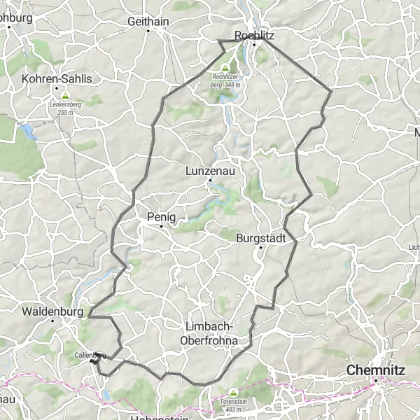 Map miniature of "The Ultimate Road Cycling Challenge: Callenberg Circuit" cycling inspiration in Chemnitz, Germany. Generated by Tarmacs.app cycling route planner