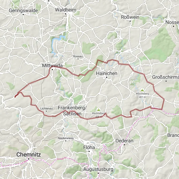 Map miniature of "Mittweida Adventure" cycling inspiration in Chemnitz, Germany. Generated by Tarmacs.app cycling route planner