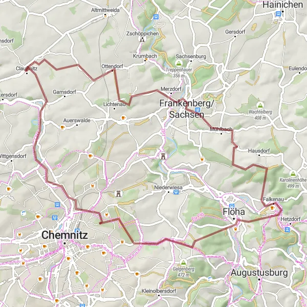 Karten-Miniaturansicht der Radinspiration "Gravel-Tour Ottendorf - Schusterstein" in Chemnitz, Germany. Erstellt vom Tarmacs.app-Routenplaner für Radtouren