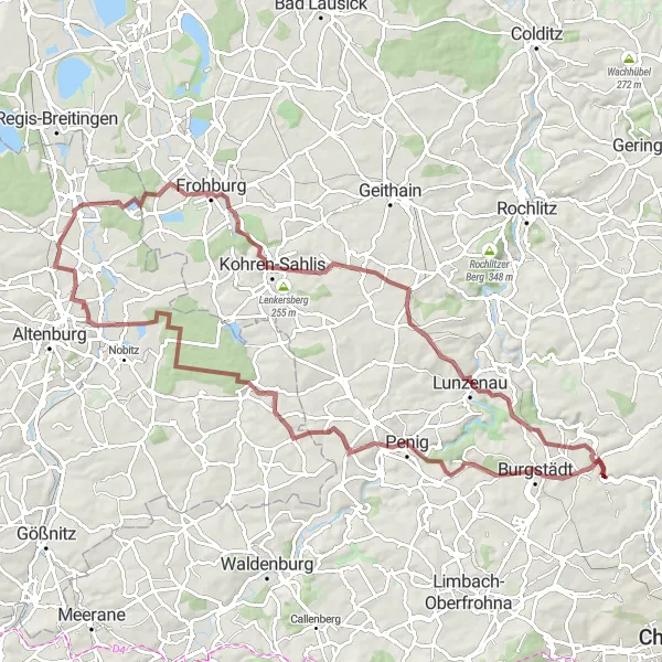 Map miniature of "Gravel Adventure through Claußnitz" cycling inspiration in Chemnitz, Germany. Generated by Tarmacs.app cycling route planner