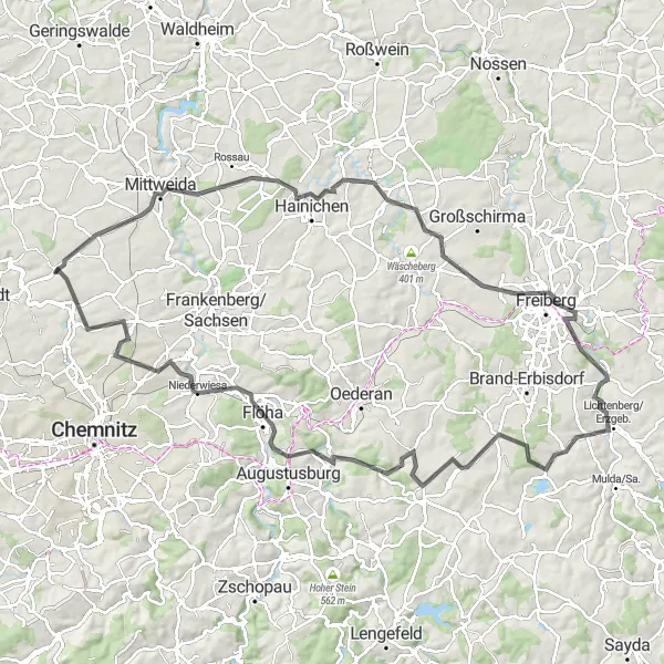 Map miniature of "Hainichen Loop" cycling inspiration in Chemnitz, Germany. Generated by Tarmacs.app cycling route planner