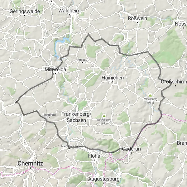 Karten-Miniaturansicht der Radinspiration "Rundtour Altmittweida - Garnsdorf" in Chemnitz, Germany. Erstellt vom Tarmacs.app-Routenplaner für Radtouren