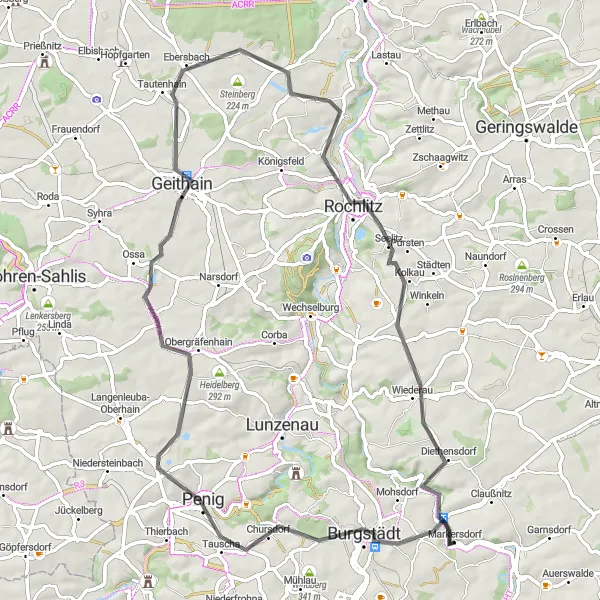 Map miniature of "Burgstädt Tour" cycling inspiration in Chemnitz, Germany. Generated by Tarmacs.app cycling route planner