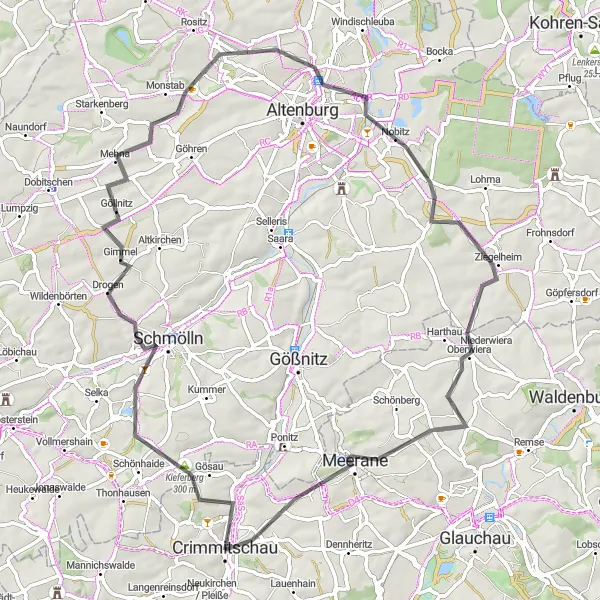 Karten-Miniaturansicht der Radinspiration "Malernische Radtour durch Göllnitz und Meerane" in Chemnitz, Germany. Erstellt vom Tarmacs.app-Routenplaner für Radtouren