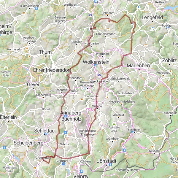 Map miniature of "Erzgebirge Gravel Adventure" cycling inspiration in Chemnitz, Germany. Generated by Tarmacs.app cycling route planner