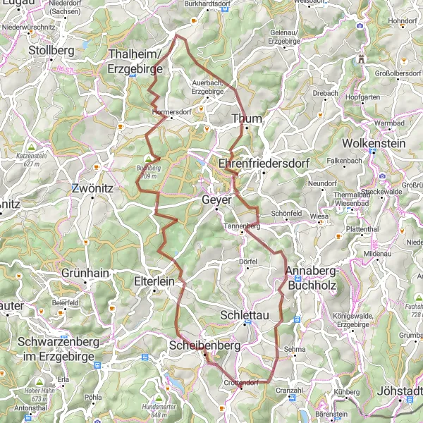 Map miniature of "Scenic Gravel Adventure" cycling inspiration in Chemnitz, Germany. Generated by Tarmacs.app cycling route planner