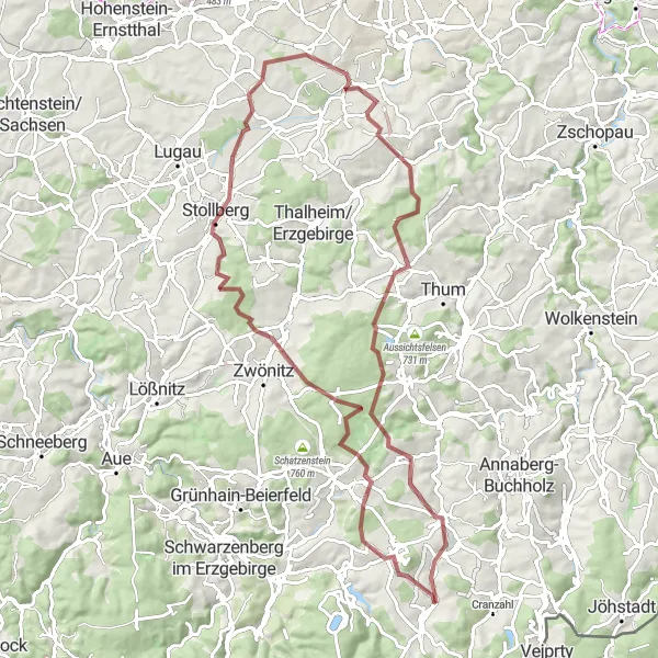 Karten-Miniaturansicht der Radinspiration "Abenteuerliche Radtour um Crottendorf" in Chemnitz, Germany. Erstellt vom Tarmacs.app-Routenplaner für Radtouren