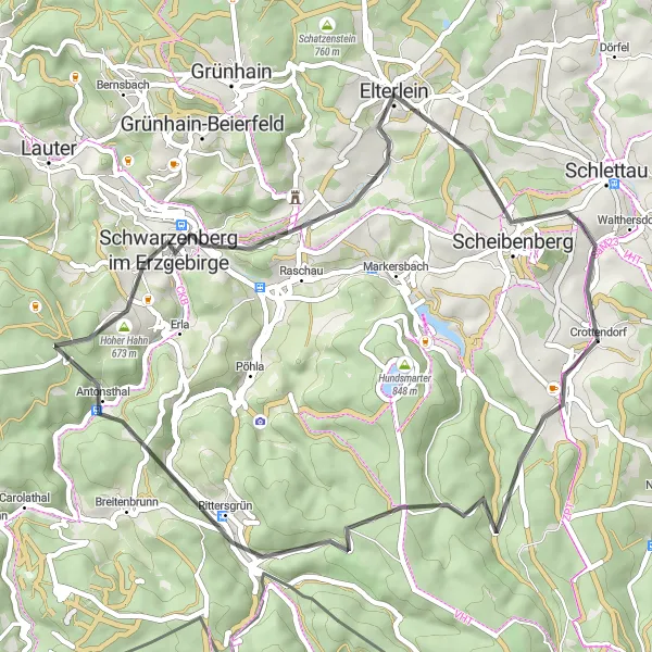 Karten-Miniaturansicht der Radinspiration "Rundstrecke von Crottendorf" in Chemnitz, Germany. Erstellt vom Tarmacs.app-Routenplaner für Radtouren