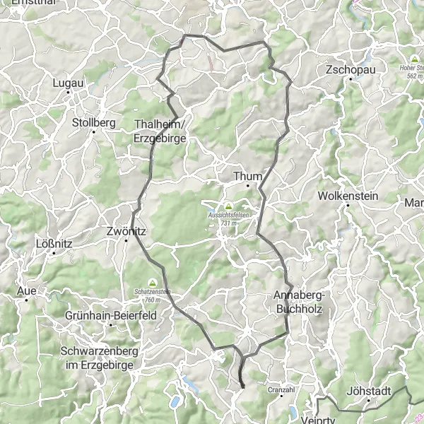 Karten-Miniaturansicht der Radinspiration "Tour durch das Erzgebirge und Elterlein" in Chemnitz, Germany. Erstellt vom Tarmacs.app-Routenplaner für Radtouren