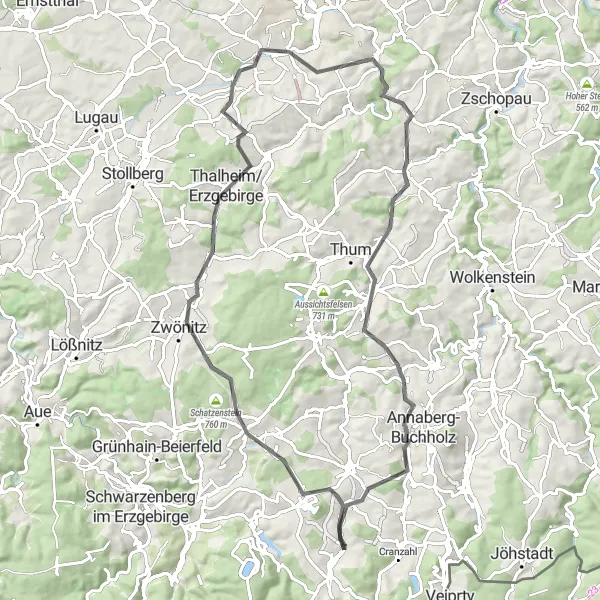 Map miniature of "Erzgebirge Road Adventure" cycling inspiration in Chemnitz, Germany. Generated by Tarmacs.app cycling route planner