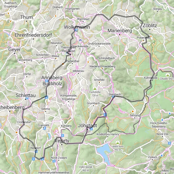 Karten-Miniaturansicht der Radinspiration "Erzgebirgstour durch Crottendorf und Umgebung" in Chemnitz, Germany. Erstellt vom Tarmacs.app-Routenplaner für Radtouren
