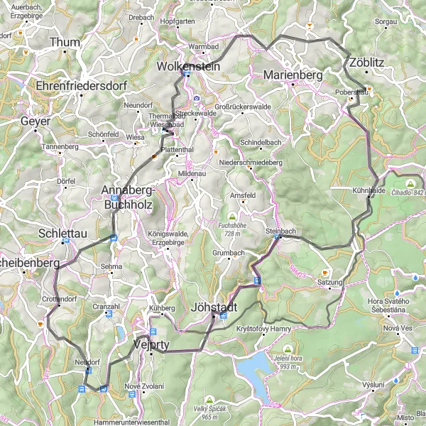 Map miniature of "Erzgebirge Road Expedition" cycling inspiration in Chemnitz, Germany. Generated by Tarmacs.app cycling route planner