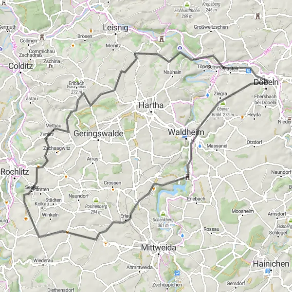 Map miniature of "Challenging Road Cycling Route to Burg Kriebstein" cycling inspiration in Chemnitz, Germany. Generated by Tarmacs.app cycling route planner