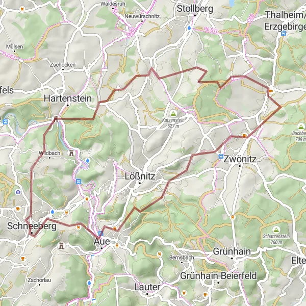 Map miniature of "Dorfchemnitz Gravel Adventure" cycling inspiration in Chemnitz, Germany. Generated by Tarmacs.app cycling route planner