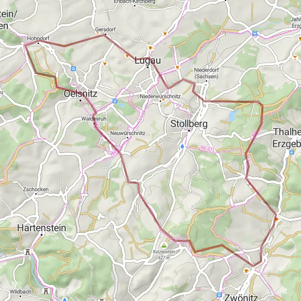 Map miniature of "Gravel Adventure in the Erzgebirge" cycling inspiration in Chemnitz, Germany. Generated by Tarmacs.app cycling route planner