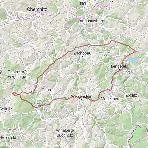 Map miniature of "Erzgebirge Gravel Challenge" cycling inspiration in Chemnitz, Germany. Generated by Tarmacs.app cycling route planner