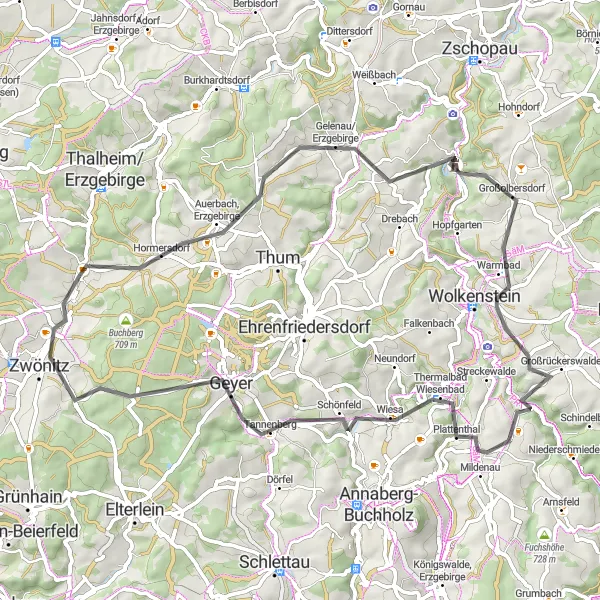 Map miniature of "Countryside Adventure Road Route" cycling inspiration in Chemnitz, Germany. Generated by Tarmacs.app cycling route planner