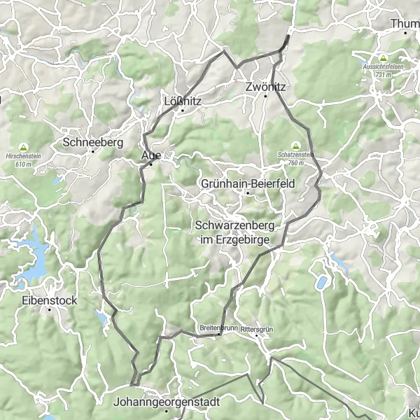 Map miniature of "Chemnitz Circular Road Route" cycling inspiration in Chemnitz, Germany. Generated by Tarmacs.app cycling route planner