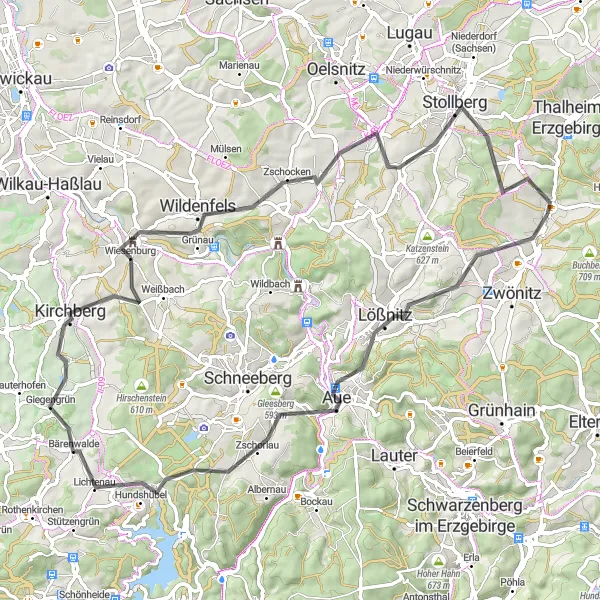 Karten-Miniaturansicht der Radinspiration "Hügeliges Hinterland von Chemnitz" in Chemnitz, Germany. Erstellt vom Tarmacs.app-Routenplaner für Radtouren