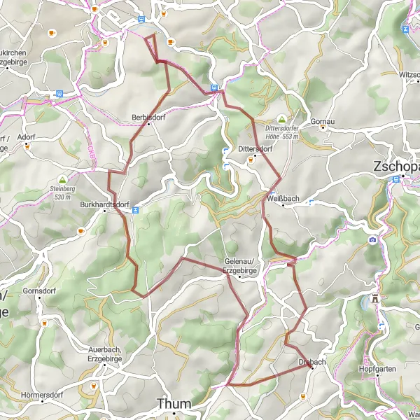 Map miniature of "Drebach to Erlberg Loop" cycling inspiration in Chemnitz, Germany. Generated by Tarmacs.app cycling route planner