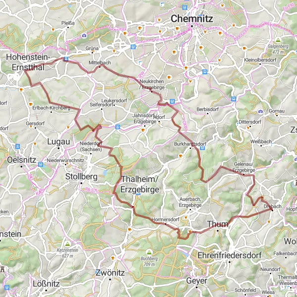 Map miniature of "Gravel Adventure through Chemnitz" cycling inspiration in Chemnitz, Germany. Generated by Tarmacs.app cycling route planner