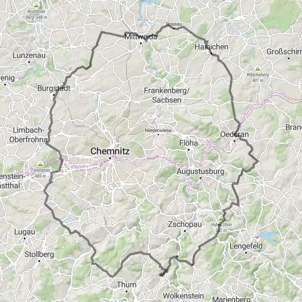 Map miniature of "The Chemnitz Gravel Adventure" cycling inspiration in Chemnitz, Germany. Generated by Tarmacs.app cycling route planner