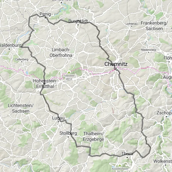 Map miniature of "The Erzgebirge Road Loop" cycling inspiration in Chemnitz, Germany. Generated by Tarmacs.app cycling route planner