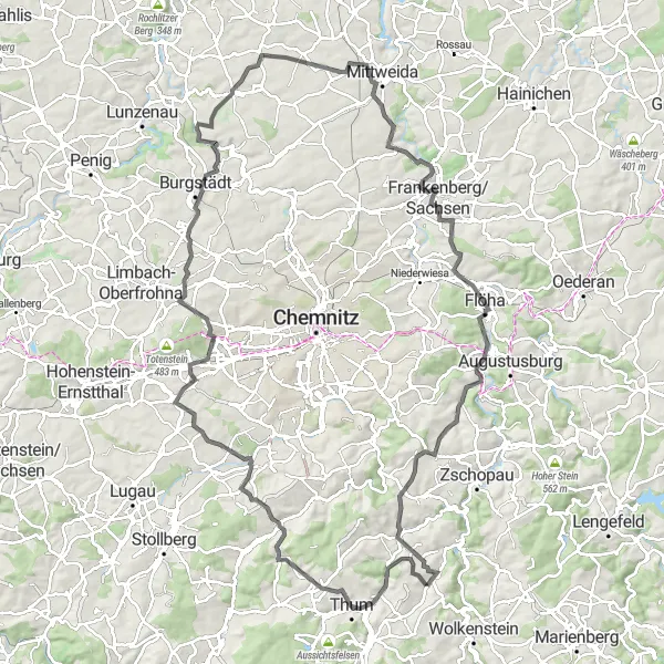 Map miniature of "The Ultimate Chemnitz Challenge" cycling inspiration in Chemnitz, Germany. Generated by Tarmacs.app cycling route planner