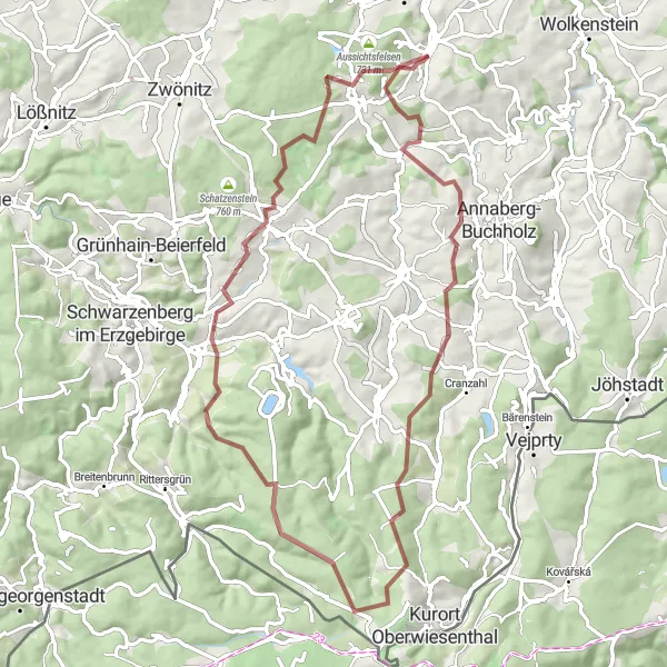 Map miniature of "Hillside Gravel Adventure" cycling inspiration in Chemnitz, Germany. Generated by Tarmacs.app cycling route planner