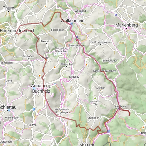 Map miniature of "Wolkenstein Gravel Route" cycling inspiration in Chemnitz, Germany. Generated by Tarmacs.app cycling route planner